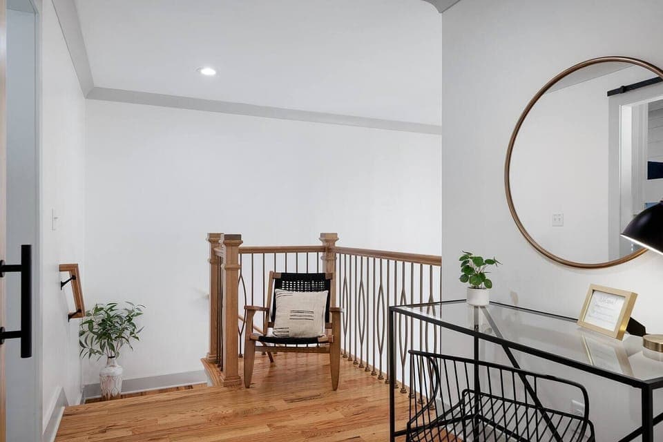 Our bunk room, with a sliding barn door, is directly to the right at the top of the stairs. 