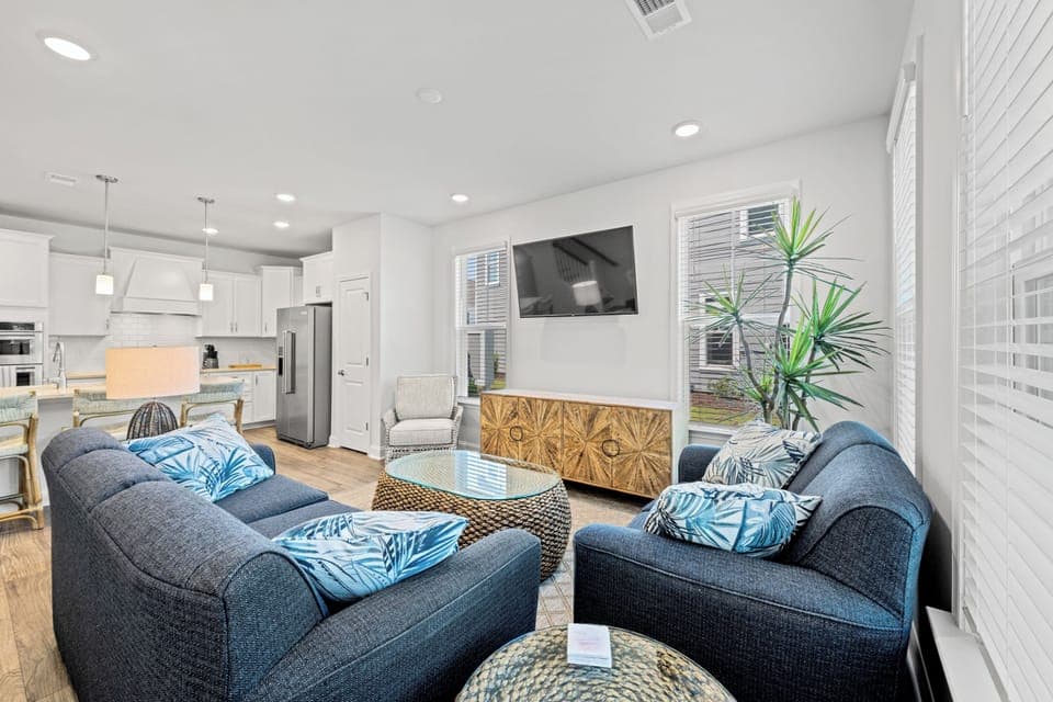 This comfy living room offers space for everyone to gather!